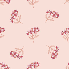 Seamless pattern in minimalistic tones with doodle yarrow ornament in pink tones.