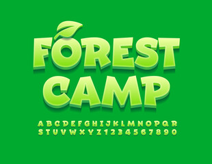 Vector green sign Forest Camp. Creative modern Font. 3D Funny Alphabet Letters and Numbers set
