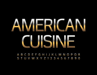 Vector elite emblem American Cuisine. Metal Luxury Font. Gold Alphabet Letters and Numbers set
