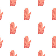 Pink simple cartoon mittens isolated seamless pattern. White background. Cozy winter backdrop.