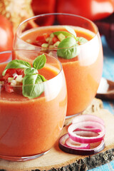 Cold Spanish soup Gazpacho served in glasses