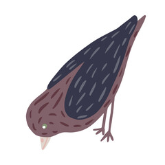 Bird pecking isolated on white background. Cute simple character brown color in doodle style.