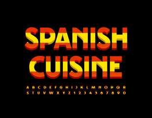 Vector creative template Spanish Cuisine. Bright modern Font. Alphabet Letters and Numbers set with Spain flag