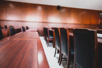 Table and chair in the courtroom of the judiciary.