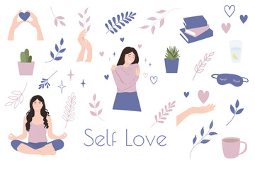 Self Love set vector illustration. Self care clipart collection