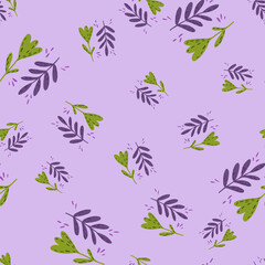 Seamless random pattern with cartoon leaves and flowers. Light purple background.