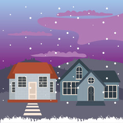 houses at snowing landscape at night vector design