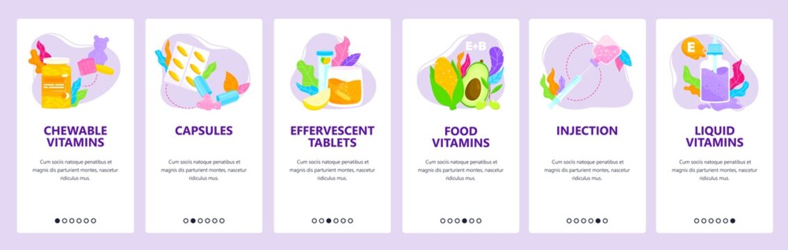 Chewable, liquid, food vitamins, capsules, tablets, injection. Mobile app screens, vector website banner template.