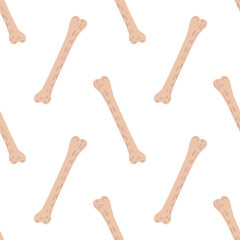 Isolated seamless pattern with simple pink bones cartoon ornament. Dog snack backdrop with white background.