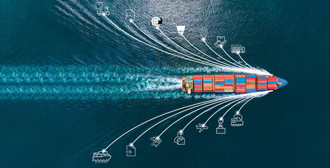 Aerial top view of cargo ship with contrail and smart icons on the ocean sea , ship carrying container export from container international port freight shipping by ship service, webinar banner - obrazy, fototapety, plakaty