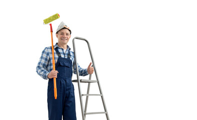 worker - painter with tool on white background, isolated. Walls painting concept