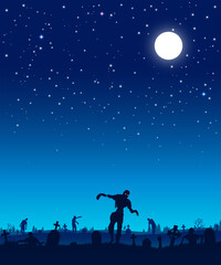 Fototapeta na wymiar Zombie apocalypse in the background of the cemetery. Silhouettes of scary zombies walking through the cemetery. Starry sky. Vector illustration for halloween.