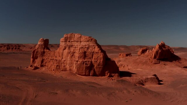 Martian landscape, Flaming Cliffs aerial view in the Gobi Desert. Scorched earth where the remains of dinosaurs rest, and the laying of their eggs. Mongolia. Canyon Hermen-Tsav.