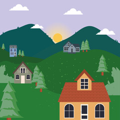houses at pine trees landscape vector design