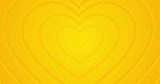 Light sunny yellow hearts move from center. 4k seamless looped animated background. Happy Valentine's Day concept. Romantic minimal 3d tunnel. Animation for event, love stories, text box, blank frame 