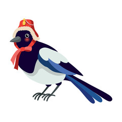 Magpie wearing a Korean traditional hat isolated on white background.