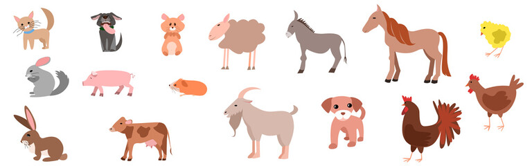 Set of happy funny pets or farm pets in flat style. Cat, dog, sheep, cow, pig, rabbit, chinchilla, hamster, chicken, rooster, donkey, horse, goat. Vector illustration isolated on a white background.