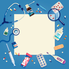 Medical Information Template with Blank Text Space. Blue Frame with the Image of Medicines. Vector Illustration in Flat Cartoon Style.