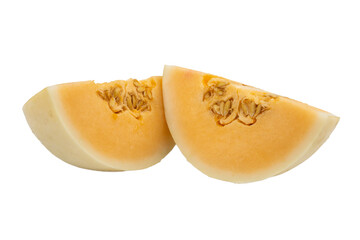 slice of cantaloupe melon, orange melon or japanese melons with seed isolated on white background