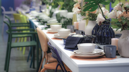 Dining table - Table set for fine dining with cutlery and glassware, Empty glasses set in restaurant. Part of interior.