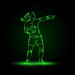 Naklejka na ściany i meble Girl goalkeeper stands with ball and points to the field. Vector women soccer player illustration with green linear and neon effect.
