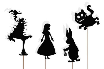 Alice in Wonderland storytelling, isolated shadow puppets.