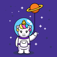 Cute unicorn in spacesuit costume flying 