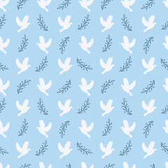 Seamless vector holiday pattern with the white dove of Peace and branch on a light blue background