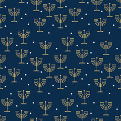 Seamless holiday pattern with Jewish symbols: golden Menorah and white Stars of David on a dark blue backdrop 