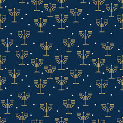 Seamless holiday pattern with Jewish symbols: golden Menorah and white Stars of David on a dark blue backdrop 