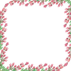Watercolor hand painted nature herbal squared border frame with pink blossom heather flowers on green branches bouquet on the white background for invitation and greeting card design