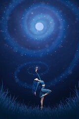 Dreamy Illustration of female dancer posing with moon