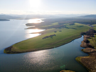 Aerial sunset view of Trakiets Reservoir, Bulgaria