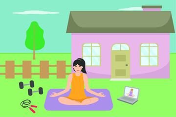 Obraz na płótnie Canvas Hobby vector concept: Young woman doing yoga exercise in the backyard while watching video on laptop