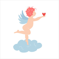 Cute cupid vector illustration. Angel holding heart and standing on a cloud