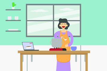 Hobby vector concept: Young woman watching video on laptop while learn cooking in the kitchen