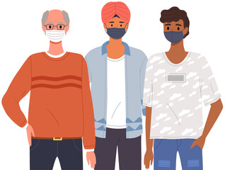 Male characters are wearing medical masks. Men stand side by side and pose, vector illustration isolated on white background. Coronavirus during time of pandemic. People protect their face with masks