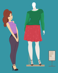 Cute girl choosing clothes on mannequin at front shop window. Female character standing near showcase in mall on blue background. Store with modern things. Stylish boutique with dress and shoes