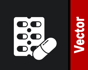White Pills in blister pack icon isolated on black background. Medical drug package for tablet, vitamin, antibiotic, aspirin. Vector Illustration.