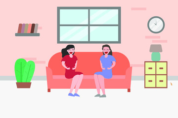 Togetherness vector concept: Two pregnant women laughing together while sitting on the sofa 