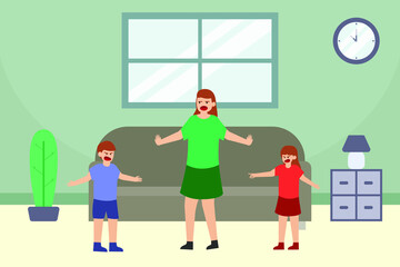 Fighting vector concept: Young mother breaking up quarrel of her children while standing at home 