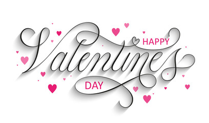 HAPPY VALENTINE'S DAY black vector copperplate calligraphy banner with pink hearts