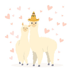 Valentine's day flat illustration. Be my llamantine card for with cute llama alpaca and hearts. Greeting card or invitation in trendy style.Vector illustration