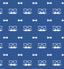 Mustaches, eyeglasses and tie bows seamless pattern on blue polka dot background. Cute design for little men fashion, scrapbooking, textile, birthday, wedding, baby and bridal shower invitations