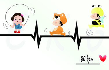 Heart beat monitor pulse line art icon, Heart monitor (Electrocardiogram or ECG) with cartoon character