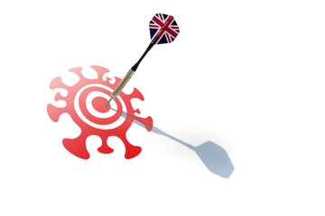 The dart with the British flag was right on target. Red target in the form of a coronavirus infection on a white background. Coronavirus covid19. The second wave of the pandemic. Free space to insert.