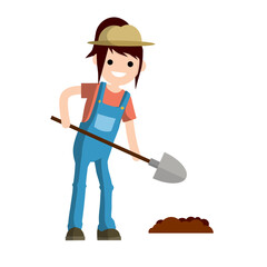 Woman farmer with shovel dig ground bed. countryside worker in jumpsuit. Kind of profession. Spring planting. Organic food. The girl in village. Cartoon flat illustration