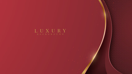 Abstract red luxury background with golden line , paper cut style 3d. vector illustration.