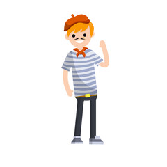 French man in blue striped clothes and red beret waving his hand. Guy stand. Typical resident of Europe. Cartoon flat illustration