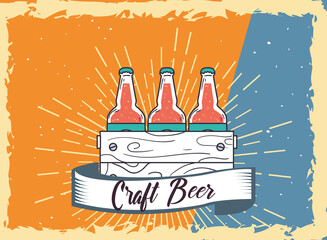 Craft beer bottles box with ribbon vector design